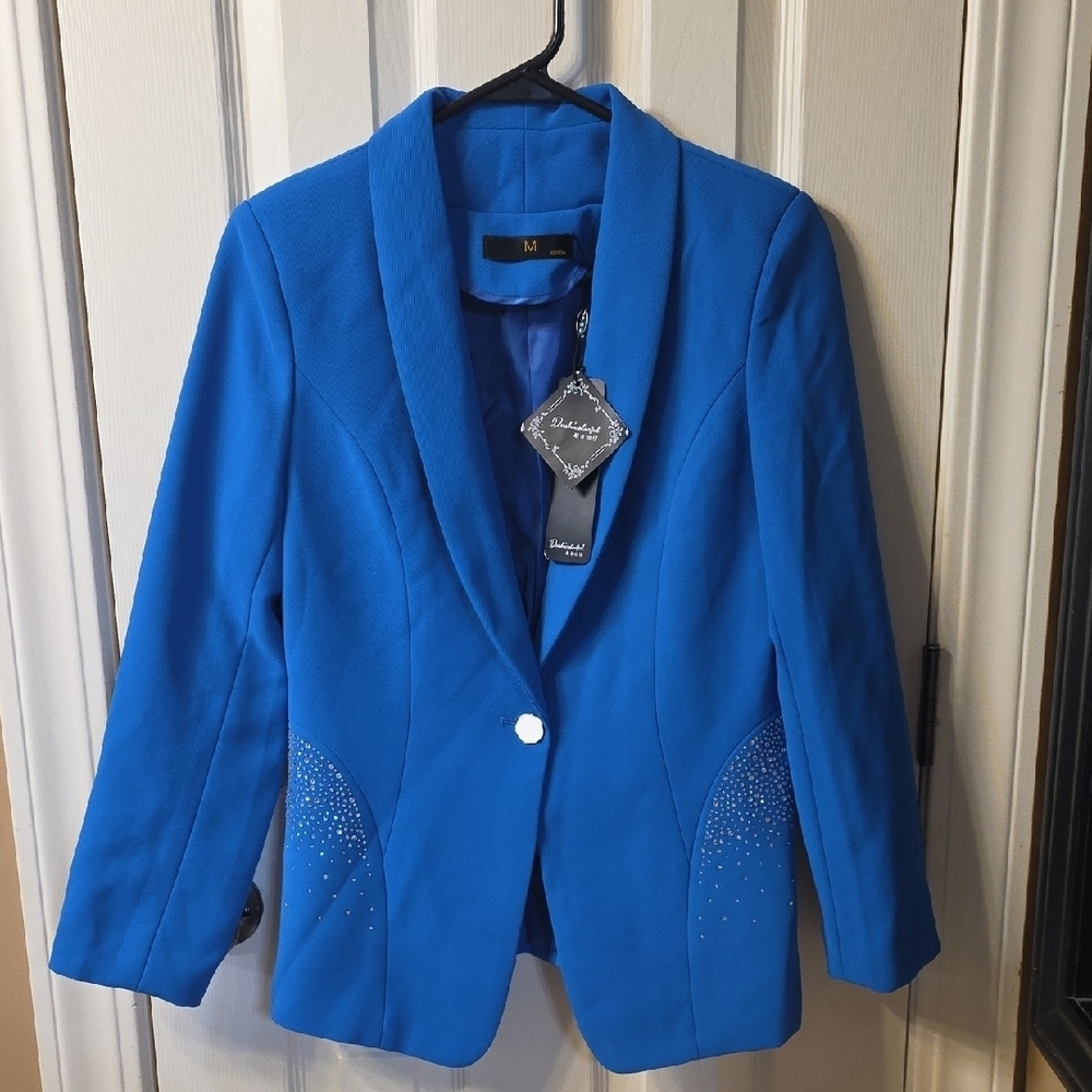 Vibrant Blue Women's Blazer with Crystal Accents